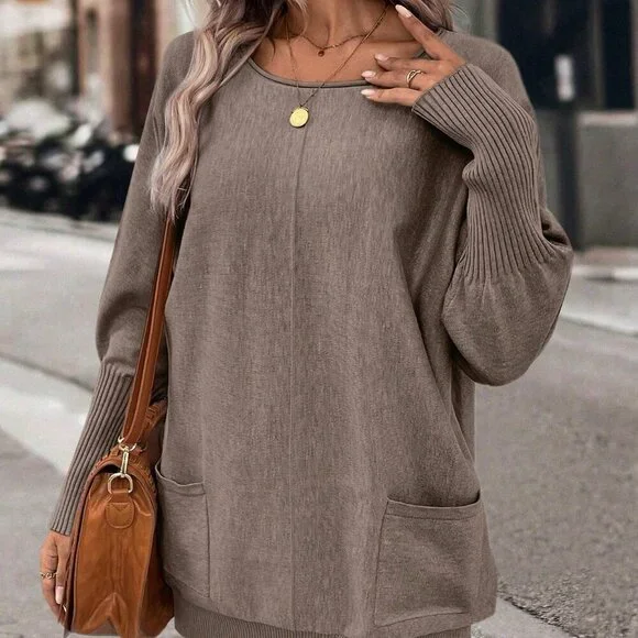 Brown Casual Women's Dual Pocket Batwing Sleeve Pocket Patched Sweater - Picture 5 of 6